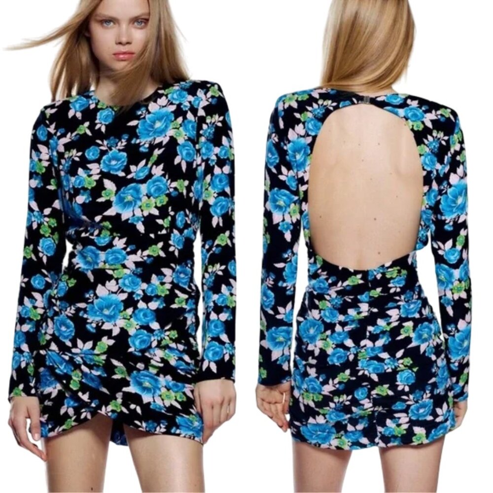 Zara Floral Print Open‎ Back Long Sleeve Mini Dress Black Size XS